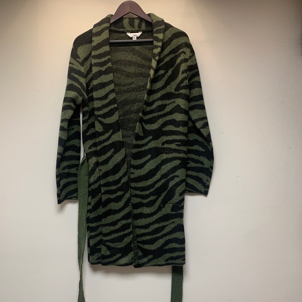 Time and Tru Open Front Coatigan Womens Small Green NWT Zebra Print Belted